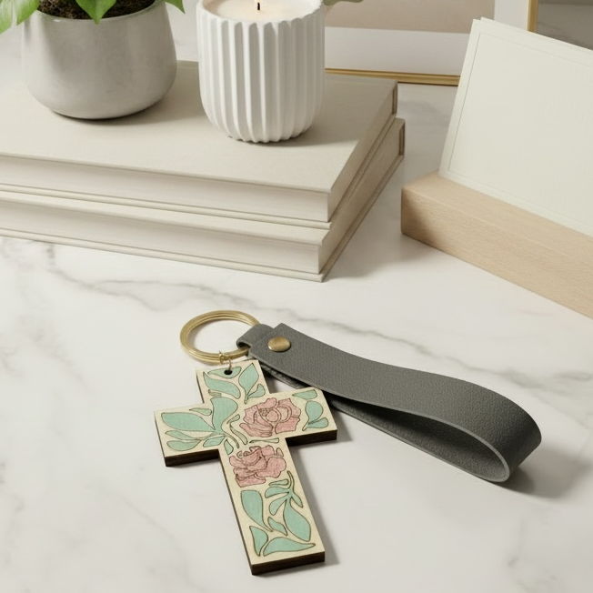 Floral cross keychain